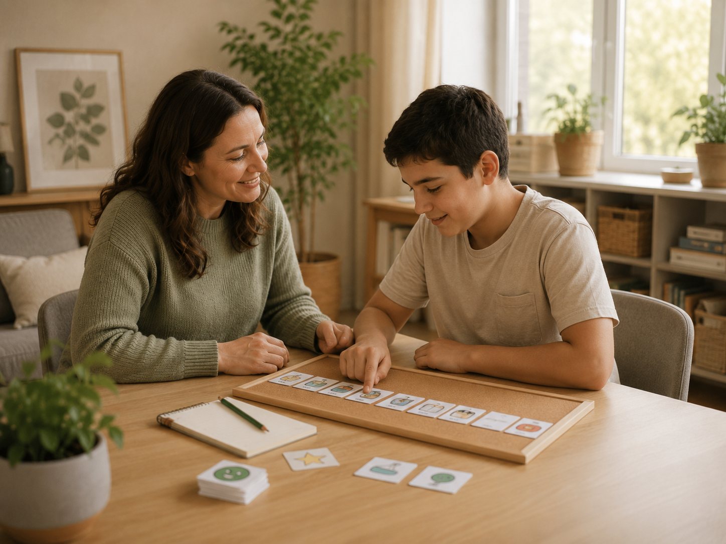 A practitioner offering respectful, professional behaviour support in a calm setting