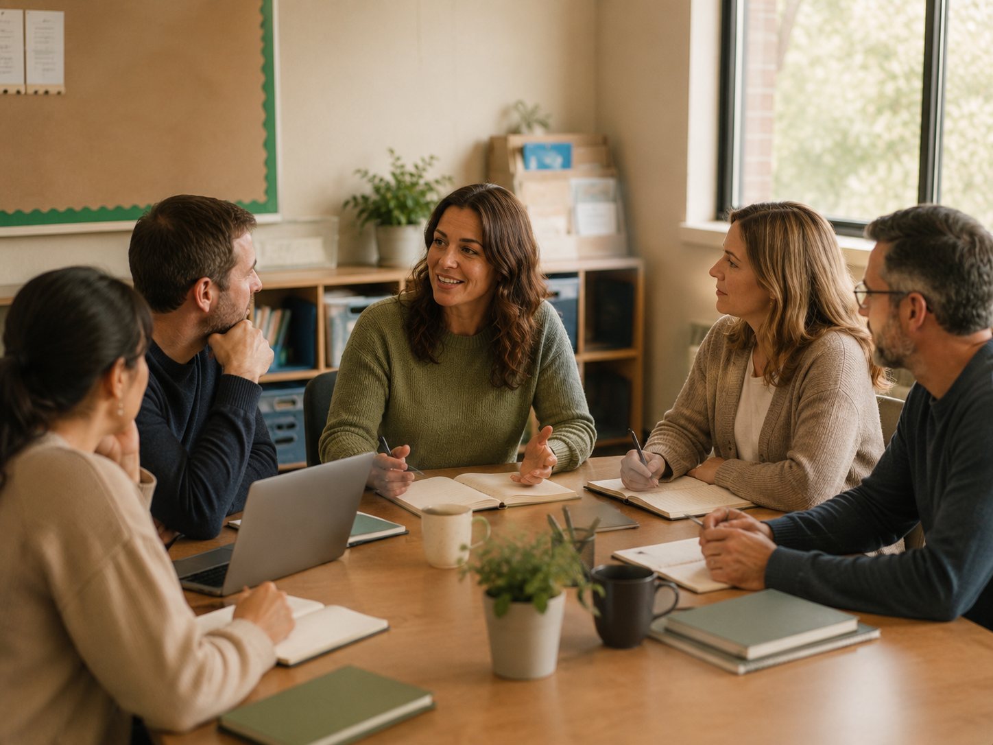 A practitioner meeting with a team of teachers and school staff