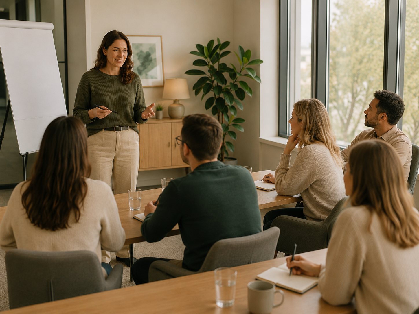 A facilitator presenting a Positive Behaviour Support training session to a group of professionals