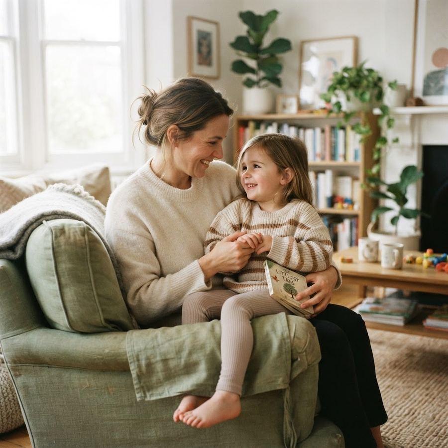 A parent and child sharing a calm moment at home